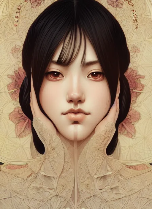 Prompt: symmetry portrait of floral hitomi kisugi, intricate, elegant, highly detailed, digital painting, artstation, concept art, smooth, sharp focus, illustration, art by artgerm and greg rutkowski and alphonse mucha, 8 k