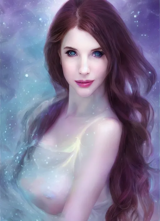 Prompt: of ethereal fantasy, young beautiful Amouranth, elegant, ethereal dreamy light, art by Nicola Samuri