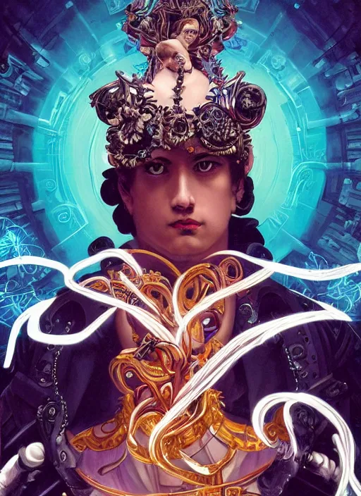 Image similar to full-body rococo and cyberpunk style sculpture of a young seductive Latino prince half android with a chest exposing circuitry, glowing pink seductive laser eyes, crown of blue sparks and diamonds, swirling orange-colored silk fabric, robotic raptors. baroque elements. full-length view. intricate artwork by caravaggio. art by Artgerm and Greg Rutkowski and Alphonse Mucha, Trending on artstation, cinematic industrial lighting, hyper realism, octane render, 8k, depth of field, 3D