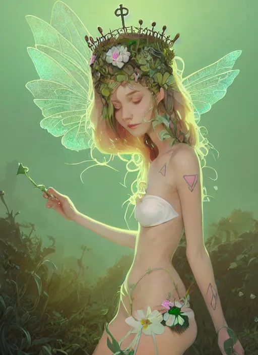 Image similar to cute fairy girl with crown of flowers in plants bikini covered with celtic rune tattoos, fantasy, by atey ghailan, by greg rutkowski, by greg tocchini, by james gilleard, by joe gb fenton, by in kaethe butcher, dynamic lighting, gradient light green, brown, blonde cream and white color in scheme, grunge aesthetic