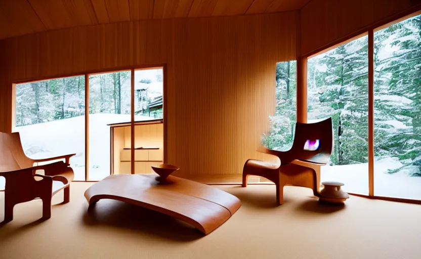 Image similar to luxurious wooden cottage by alvar aalto, modern japanese living room, japanese flower arrangements, coherent composition, architecturally accurate, architecture photography