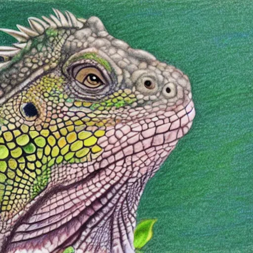 Image similar to colored pencil drawing, iguana playing tennis