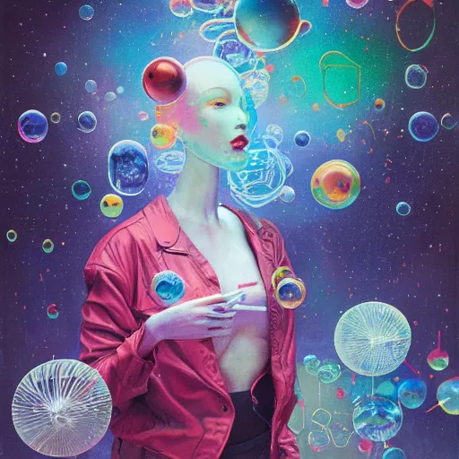 Image similar to surreal gouache painting, yoshitaka amano, ruan jia, conrad roset, bubbles, orbs, incredibly detailed, of floating molecules and a mannequin artist holding an icosahedron with stars, clouds, and rainbows in the background, retrowave, modular patterned mechanical costume headpiece, artstation masterpiece, minimalistic