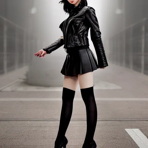 Prompt: a dynamic, epic cinematic 8K HD movie shot of a japanese young J-Pop idol girl wearing leather jacket, miniskirt, nylon tights and high heels boots. Motion, VFX, Inspirational arthouse