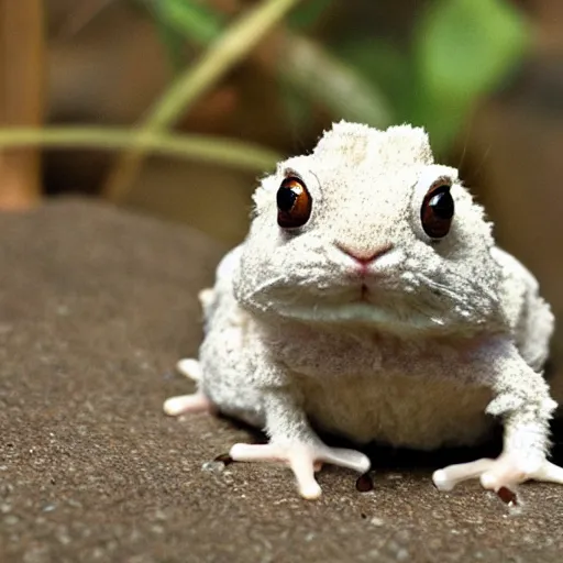 Prompt: photo of hybrid between an angora rabbit and a frog toad