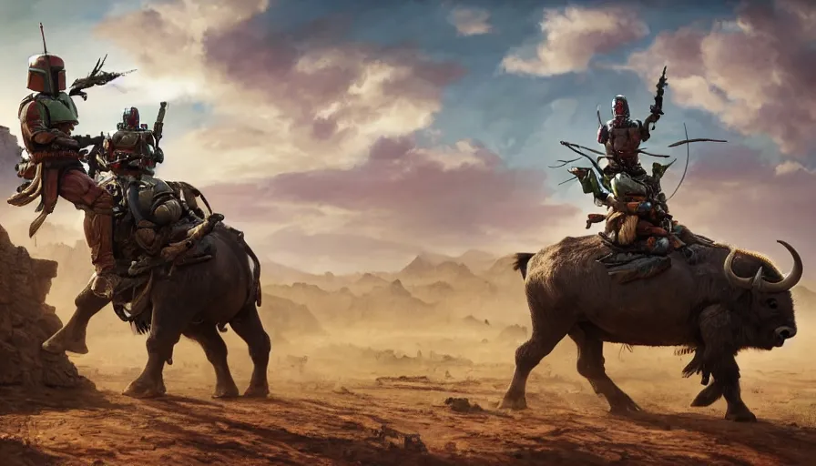 Image similar to boba fett riding a buffalo through madagascar with baobabs trees, animals chasing, action scene, an epic fantasy, artgerm and greg rutkowski and alphonse mucha, an epic fantasy, volumetric light, detailed, establishing shot, cinematic, photorealistic, hyper detailed, ultra realistic, trending on art station, octane render, midsommar