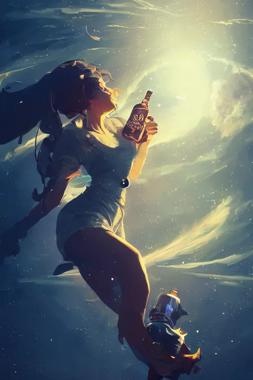 Prompt: beer bottle flying through space in front of planet, art by guweiz, dramatic lighting, highly detailed, incredible quality, trending on artstation