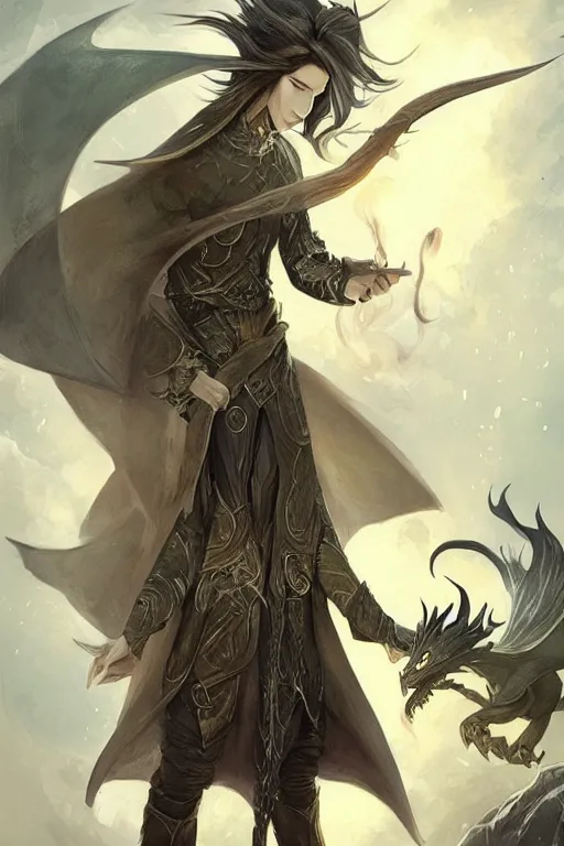 Image similar to portrait of elven teenage boy mage with long black hair holding dragon egg digital painting modern fantasy webtoon manhwa concept art by peter mohrbacher wlop