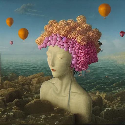 Image similar to scifi, liminal spaces, party balloons, checkered pattern, David Friedrich, award winning masterpiece with incredible details, Zhang Kechun, a surreal vaporwave vaporwave vaporwave vaporwave vaporwave painting by Thomas Cole of an old pink mannequin head with flowers growing out, sinking underwater, highly detailed