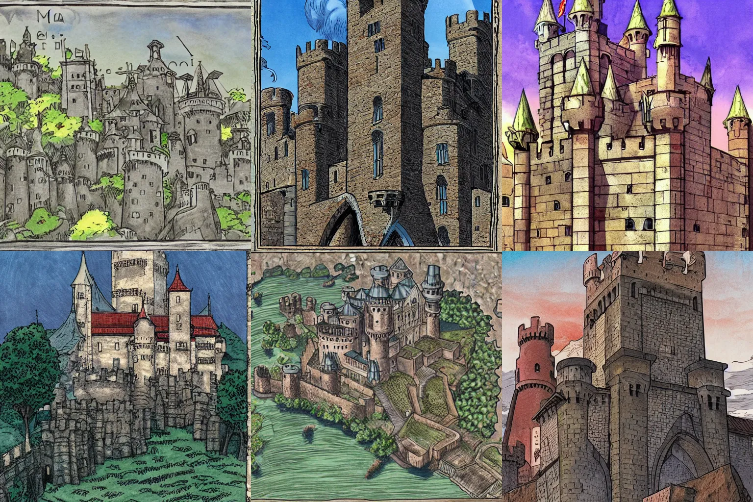 Prompt: medieval castle, colored, by Hajime Isayama