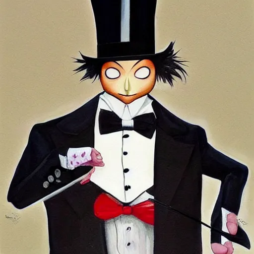 Image similar to a painting of a marionette puppet wearing a top hat and a suit by artgerm