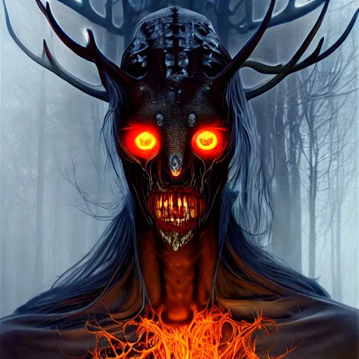 Image similar to translucent Wendigo with flaming eyes, veiled in mist, heroic lighting, dark fantasy, intricate, elegant, highly detailed, lifelike, photorealistic, digital painting, artstation, illustration, concept art, smooth, sharp focus, art by John Collier and Albert Aublet and Krenz Cushart and Artem Demura and Alphonse Mucha