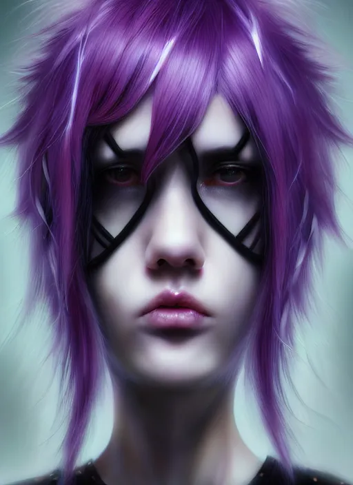 Image similar to hair whitebangs hair, black cyberlox, portrait of normal teenage girl, white bangs, messy bangs, fluffy bangs, cyberlox, whitebangs, red irises, purple background, intricate, elegant, highly detailed, digital painting, artstation, concept art, sharp focus, smooth, illustration, art by wlop, mars ravelo and greg rutkowski