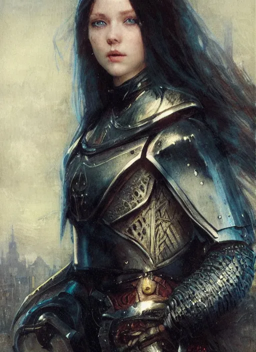 Image similar to young beautiful mischievous blue eyed redheaded woman wearing black medieval armour, detailed, by gaston bussiere, bayard wu, greg rutkowski, giger, maxim verehin, greg rutkowski, masterpiece, sharp focus, cinematic lightning