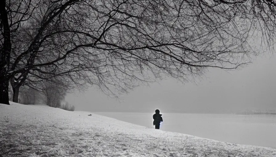 Prompt: 1 9 7 0 s movie still by tarkovsky of marcus aurelius dying alone next to the danube snowy and grassy, with red drapery, cinestill 8 0 0 t 3 5 mm b & w, high quality, heavy grain, high detail, cinematic composition, dramatic light, anamorphic, hyperrealistic, very foggy