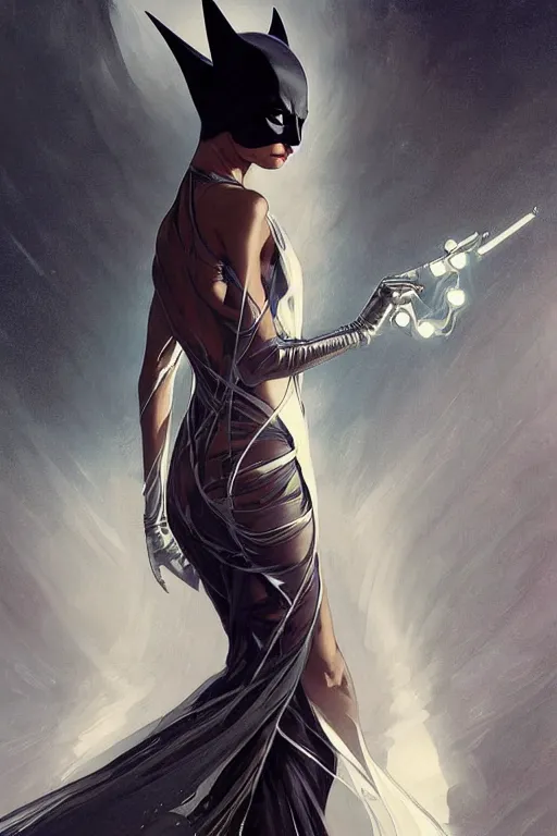 Image similar to elegant flowing batman aeon flux gown profile picture by greg rutkowski, dynamic pose, intricate, futuristic, fantasy, elegant, by stanley artgerm lau, greg rutkowski, thomas kindkade, alphonse mucha, loish, thierry mugler, norman rockwell,