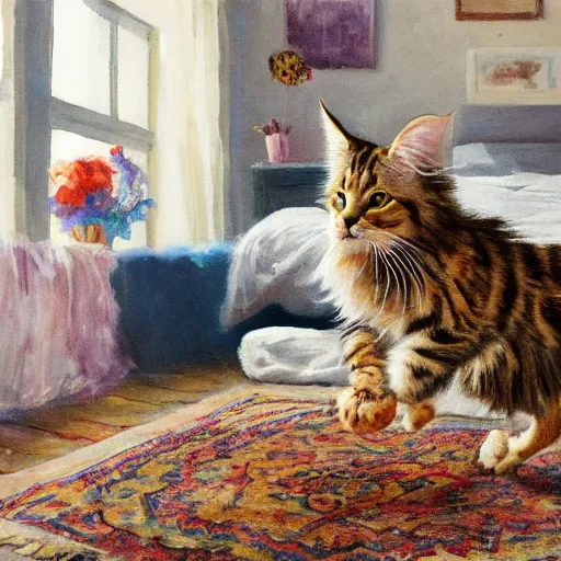 Prompt: cream color maine coon cat chasing a cat-toy-ball in a sunlit bedroom, hardwood floors with a colorful tattered old throw rug, bay window sofa in the background, fun, energetic, amusing, cute, funny, in style of Arthur Hughes, trending on art station, 8K, 4K