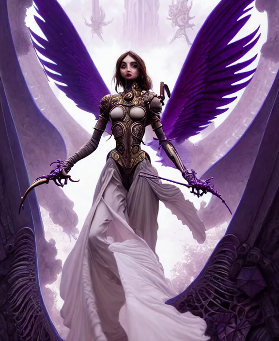 Image similar to beautiful fantasy character portrait, ana de armas, ultra realistic, wide angle, intricate details, the fifth element artifacts, tesseracts, highlights of purple, highly detailed by peter mohrbacher, hajime sorayama, wayne barlowe, boris vallejo, paolo eleuteri serpieri, dishonored 2, white gown, angel wings