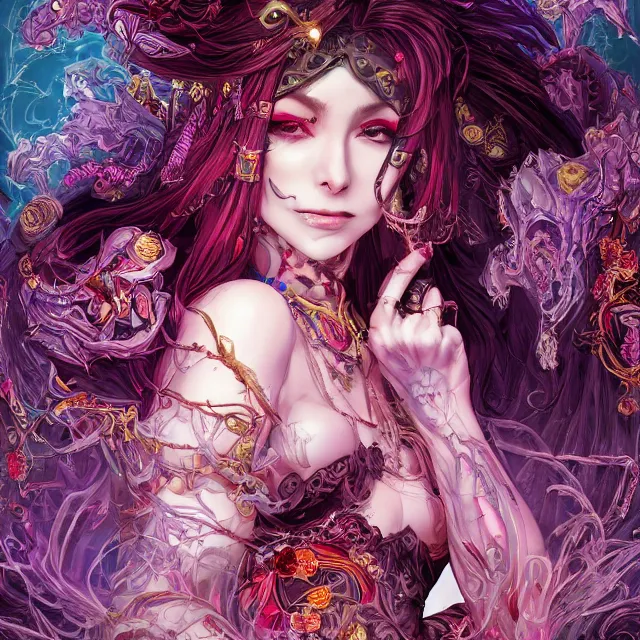 Prompt: the portrait of chaotic evil sensual female necromancer overlord as absurdly beautiful, gorgeous, elegant, corrupted young idol, an ultrafine hyperdetailed illustration by kim jung gi, irakli nadar, intricate linework, bright colors, octopath traveler, final fantasy, unreal engine 5 highly rendered, global illumination, radiant light, detailed and intricate environment