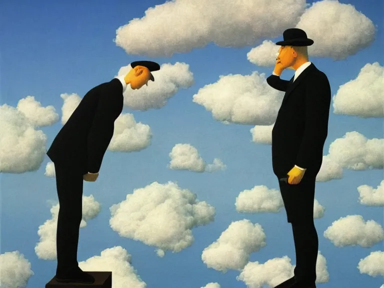 Image similar to man made out of clouds, painting by rene magritte, high detail, high resolution