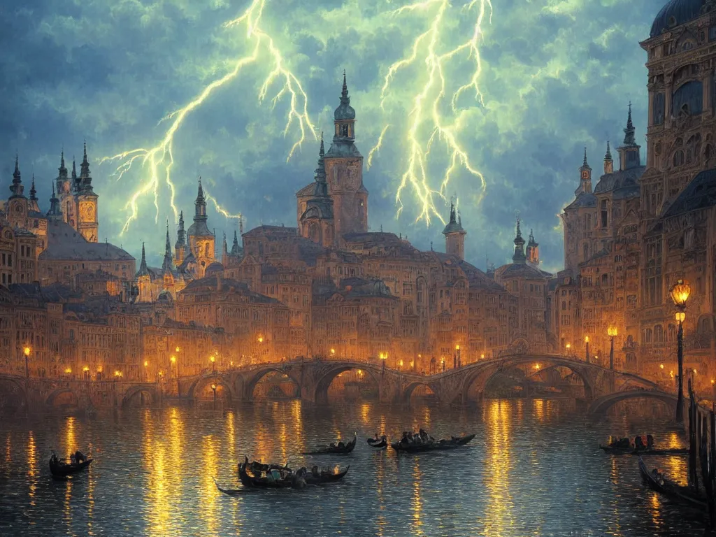 Prompt: a view from the river a city resembling prague, paris, and venice at night with a sky full of lightning, intricate, elegant, highly detailed, digital painting, artstation, concept art, smooth, sharp focus, colored illustration for tattoo, art by thomas kincade, krenz cushart and artem demura and alphonse mucha,