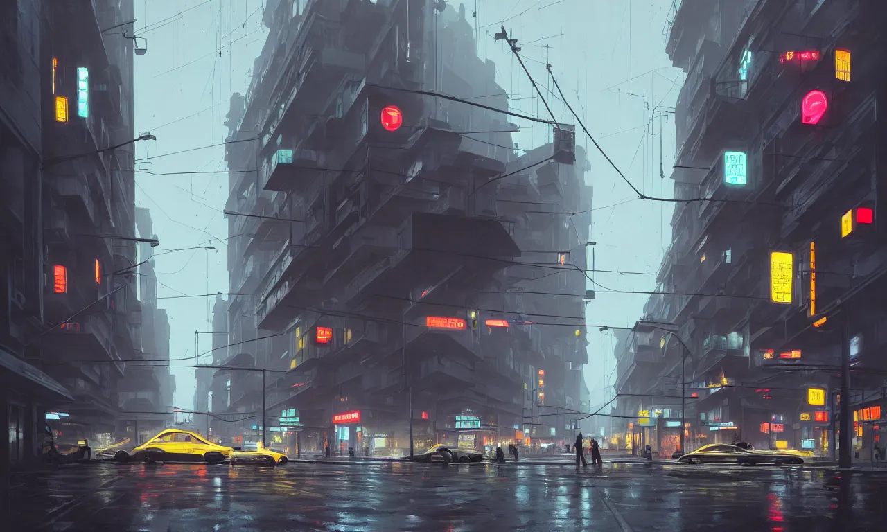 Image similar to photorealistic streetscape, simple brutalist architecture, metal, concrete, wet streets, white neon lights, colorful neon signs, flying vehicles, pedestrians, greg rutkowski, syd mead, ralph mcquarrie, concept art, matte painting, finely detailed, minimal artifacts, rule of thirds, dynamic lighting, cinematic, denoised, centered, artstation