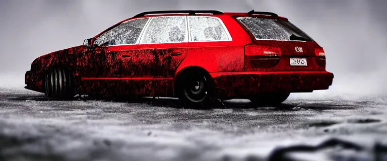 Image similar to Audi A4 B6 Avant (2002), a gritty neo-noir, dramatic lighting, cinematic, eerie person, death, homicide, homicide in the snow, viscera splattered all over the car, gunshots, establishing shot, extremely high detail, photorealistic, red mist, arson, burning city, cinematic lighting, artstation, by simon stalenhag, Max Payne (PC) (2001) winter New York at night, In the style of Max Payne 1 graphic novel, flashing lights, Poets of the Fall - Late Goodbye