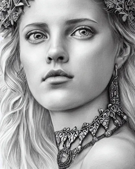 Prompt: pencil drawing of a beautiful greek goddess aphrodite wearing a laurel wreath and arrowhead earrings, beautiful confident and piercing eyes, beautiful blonde hair, hyper realistic face, in the style of greg rutkowski, fantasy, amazing detail, epic, elegant, smooth, sharp focus, from the front