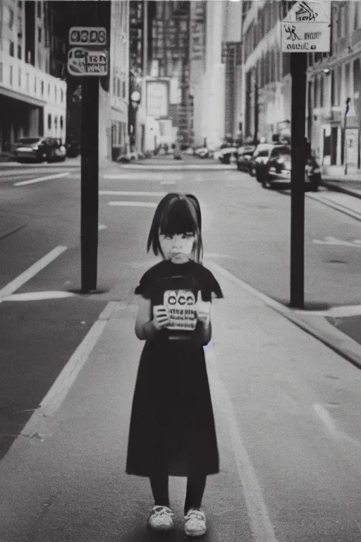 Image similar to photo polaroid of sad and lonely child in the middle of an empty street in a big city, photorealistic, 35mm film, black and white, polaroid,