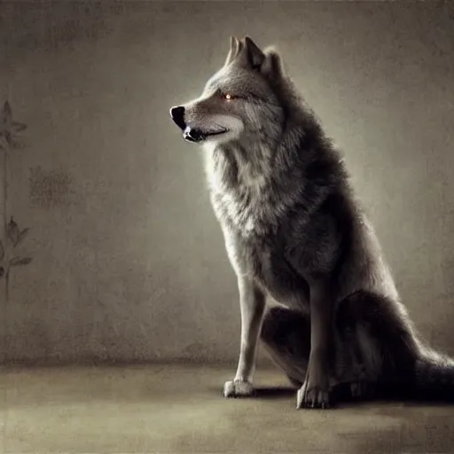 Image similar to attractive canine wolf wearing a monk robes holding invense burner. natural lighting by ruan jia, portrait