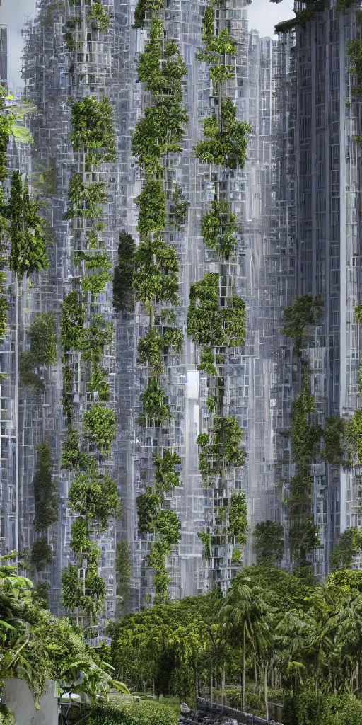 Prompt: a detailed elevational photo by Andreas Gursky of tall and slender futuristic mixed-use towers emerging out of the ground. The rusty industrial towers are covered with trees and ferns growing from floors and balconies. The towers are bundled very close together and stand straight and tall. The towers have 100 floors with deep balconies and hanging plants. Cinematic composition, volumetric lighting, foggy morning light, architectural photography, 8k, megascans, vray.