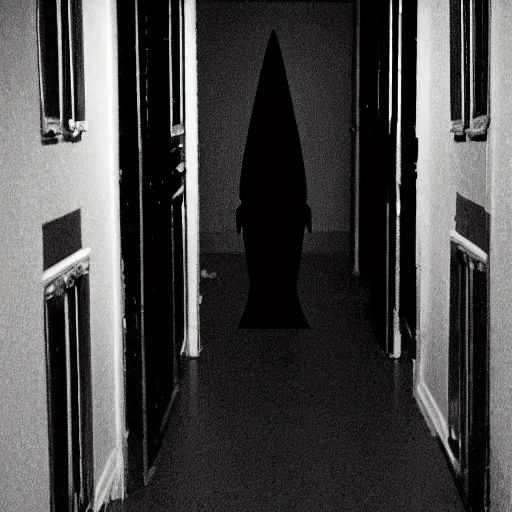 Image similar to horror scary dark shadow creature emerges from behind a shadow in a dark hallway at night with no light