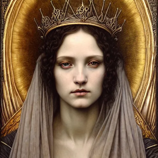 Prompt: detailed realistic beautiful young medieval queen face portrait by jean delville, tom bagshaw, brooke shaden, gustave dore and marco mazzoni, art nouveau, symbolist, visionary, gothic, pre - raphaelite, ornate gilded medieval icon, surreality, ethereal, unearthly