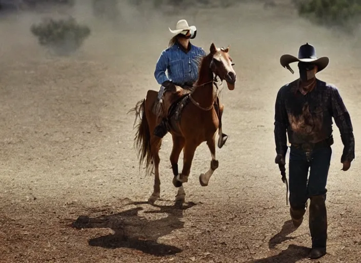 Image similar to a cowboy horse chase vigilantes with an eye masks disguise, lone ranger, shoot out, exploding horse limbs, blood guts, wide shot, from the hit 1 9 9 0 s tv show on tnt