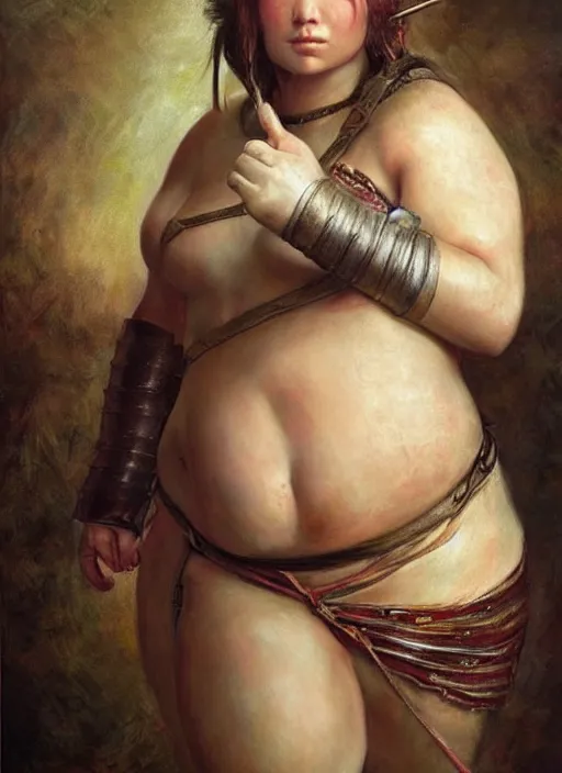 Image similar to hyper realistic painting of medieval chubby beautiful warrior girl, full body, rule of thirds, conceptart, saturated colors, jean baptiste monge