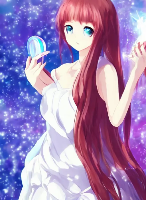 Image similar to a woman in a white dress is holding a hair brush, a hologram by muqi, trending on pixiv, neo - figurative, official art, anime aesthetic, booru