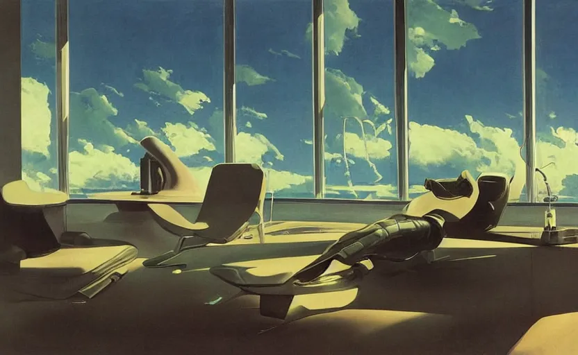 Image similar to a futuristic minimalist lounge room with a big window opening up to a wide open meadow with billowing clouds in the sky. highly detailed science fiction painting by norman rockwell, frank frazetta, and syd mead. rich colors, high contrast, gloomy atmosphere. trending on artstation.