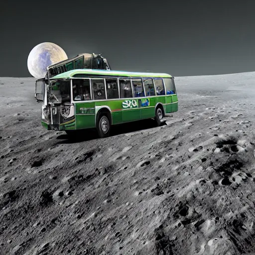 Image similar to realistic sci - fi high detailed photo of flixbus bus on the moon