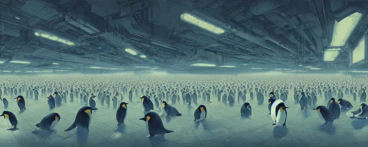 Prompt: duotone concept illustration of emperor penguins in scifi room full of computers. cinematic scene. volumetric lighting. golden ratio accidental renaissance. by sachin teng and sergey kolesov and ruan jia and heng z. graffiti art, scifi, fantasy, hyper detailed. octane render. concept art. trending on artstation