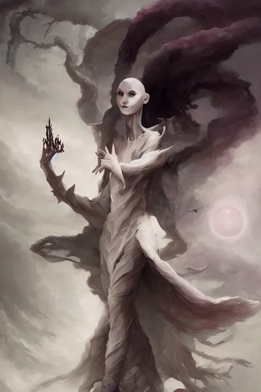 Image similar to a humanoid creature of pure imagination with pale white skin and a gaunt face. the creature is bald. it is wearing a black flowing cloak that looks like mist. art by peter mohrbacher.