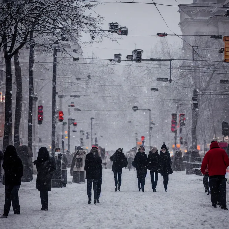 Prompt: photo of people on the snowy Moscow streets, high details, 70mm
