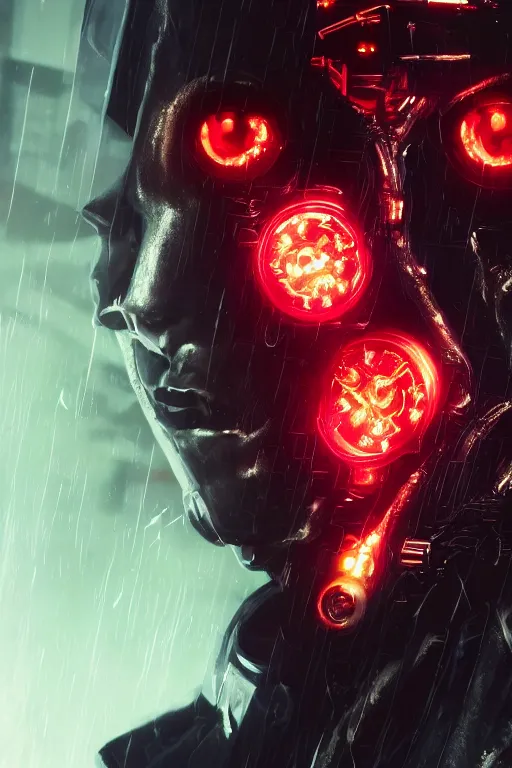 Image similar to head and shoulders render of man black_jacket close up cyberpunk face ((single_eye _glowing_red_eye red_emissives!)) android face mecha, inhuman creepy intimidating, exposed cables-bundle-black-thick Tom Bagshaw and Greg Rutkowski and Alphonse Mucha Bladerunner 2049 screenshot artstation UE5 Cyberpunk 2077 character trending 165mm