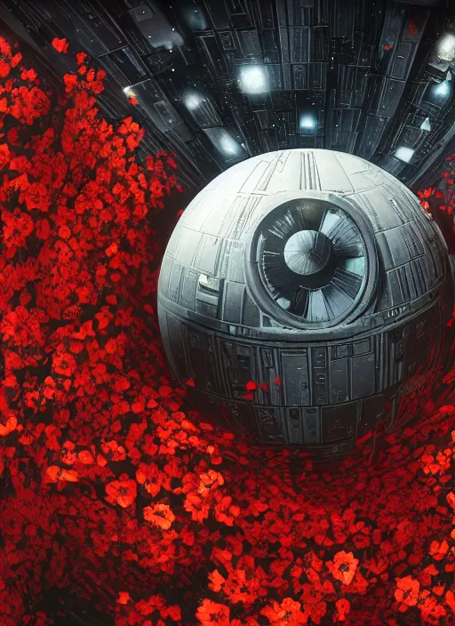 Prompt: An epic fantastic realism comic book style painting of the Death Star made of the most beautiful flowers, fisheye lens, unreal 5, DAZ, hyperrealistic, octane render, dynamic lighting