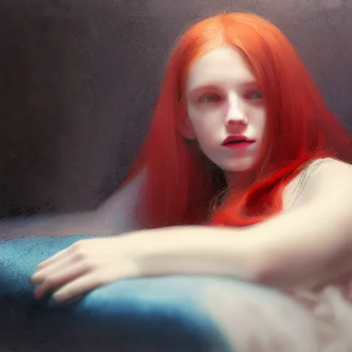 Prompt: young woman, long red hair, transparent white dress, lying on a red sofa, blue green colorscheme, desaturated colors, cinematic, painted in the style of jeremy lipking