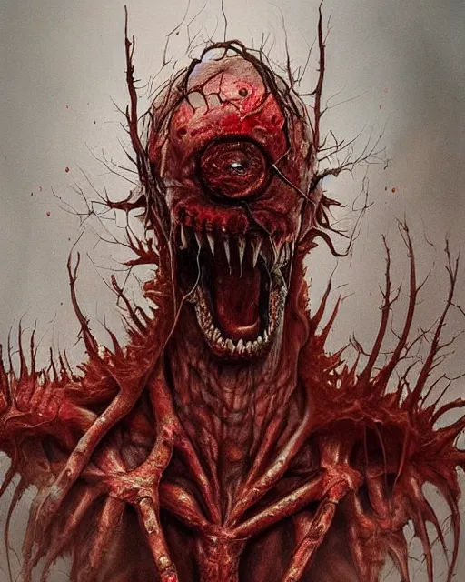 Image similar to Haunting horrifying hyperrealistic detailed painting of a tall slim flesh extraterrestrial creature covered in thick black blood, heavy metal, disgusting, creepy, unsettling, and bloodshot eyeballs, hyper detailed, trending on Artstation