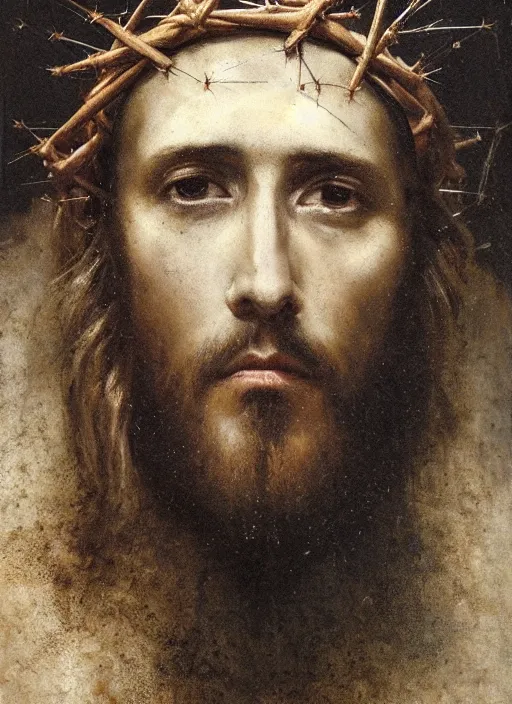 Image similar to portrait of jesus christ wearing a crown of thorns, by nicola samori, painting, 8 k, high detail