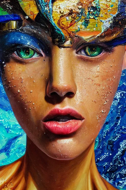 Prompt: hyperrealism oil painting, close-up portrait of fashion model, melted cyborg, ocean pattern mixed with deep cosmos, in style of classicism mixed with 70s japan book art