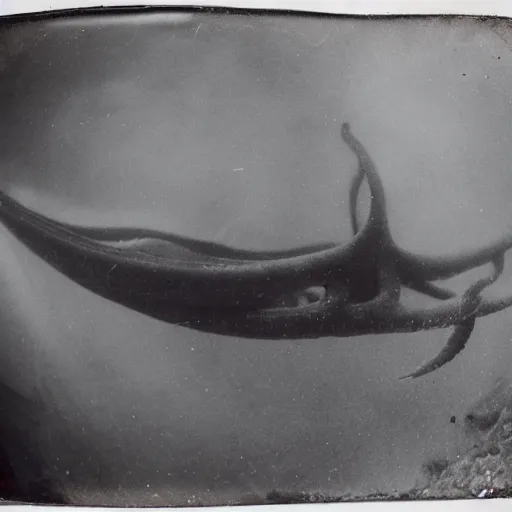 Image similar to underwater tintype photo of a giant squid