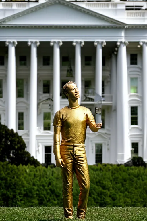 Image similar to A beautiful gold statue of Mark Zuckerberg in front of White House, photo by Steve McCurry, heroic pose, detailed, smooth, smiling, professional photographer