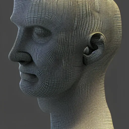 Image similar to 3 d renaissance statue head with a neon ring around the head, highly detailed